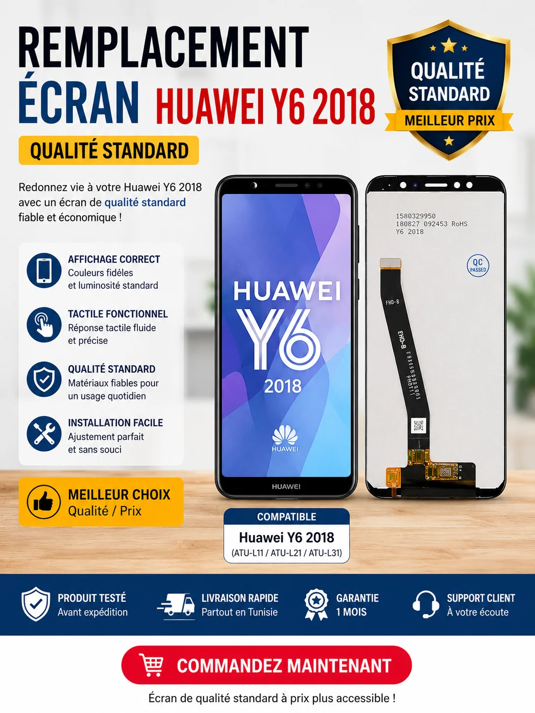 Remplacement Écran Huawei Y6 2018 — Qualité Standard