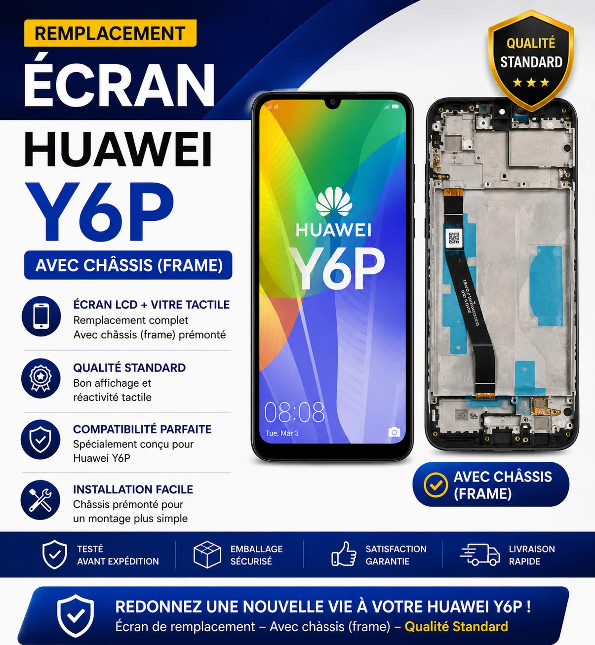 Remplacement Écran Huawei Y6P — Avec Châssis (Frame)