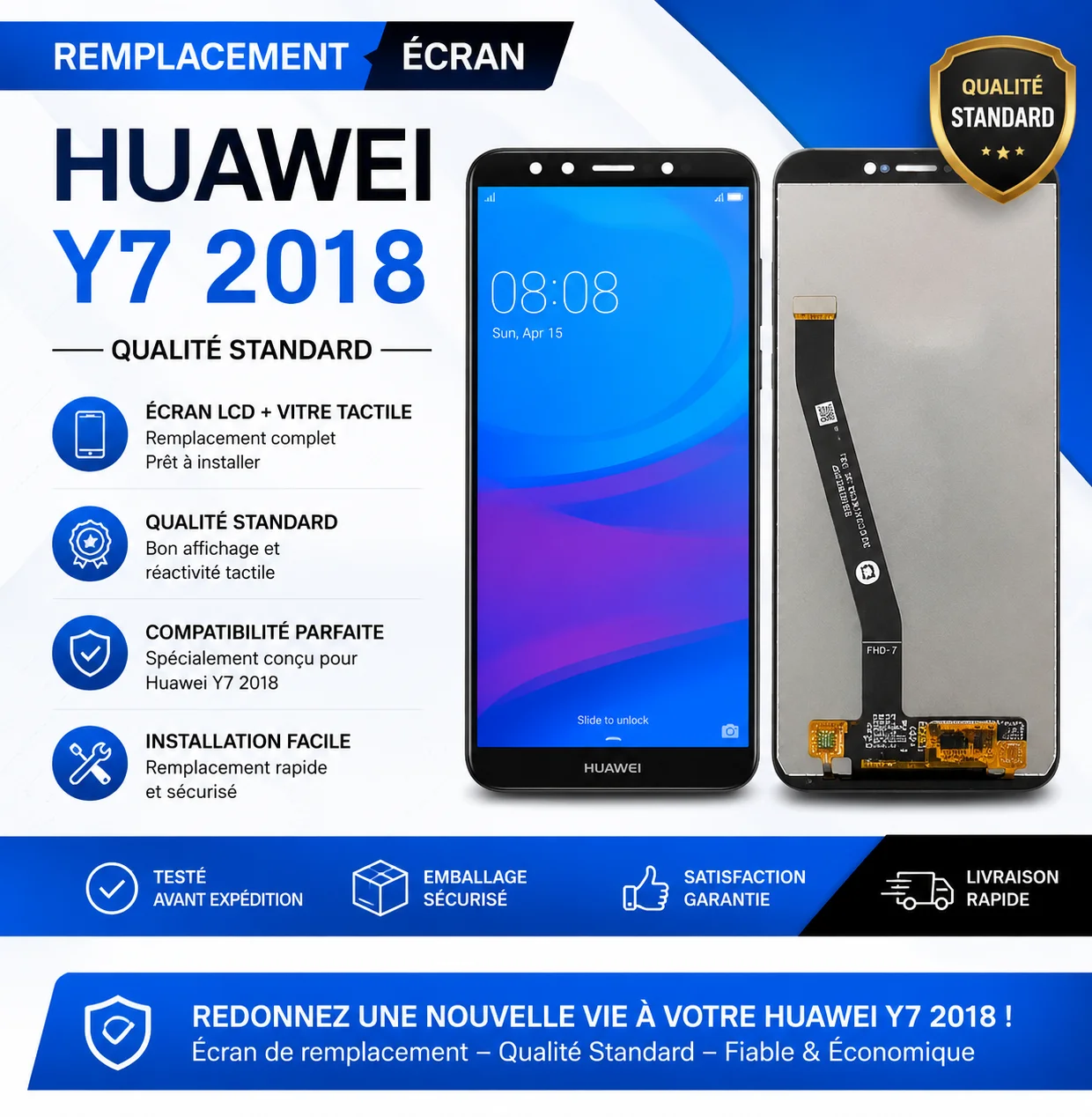 Remplacement Écran Huawei Y7 2018 — Qualité Standard
