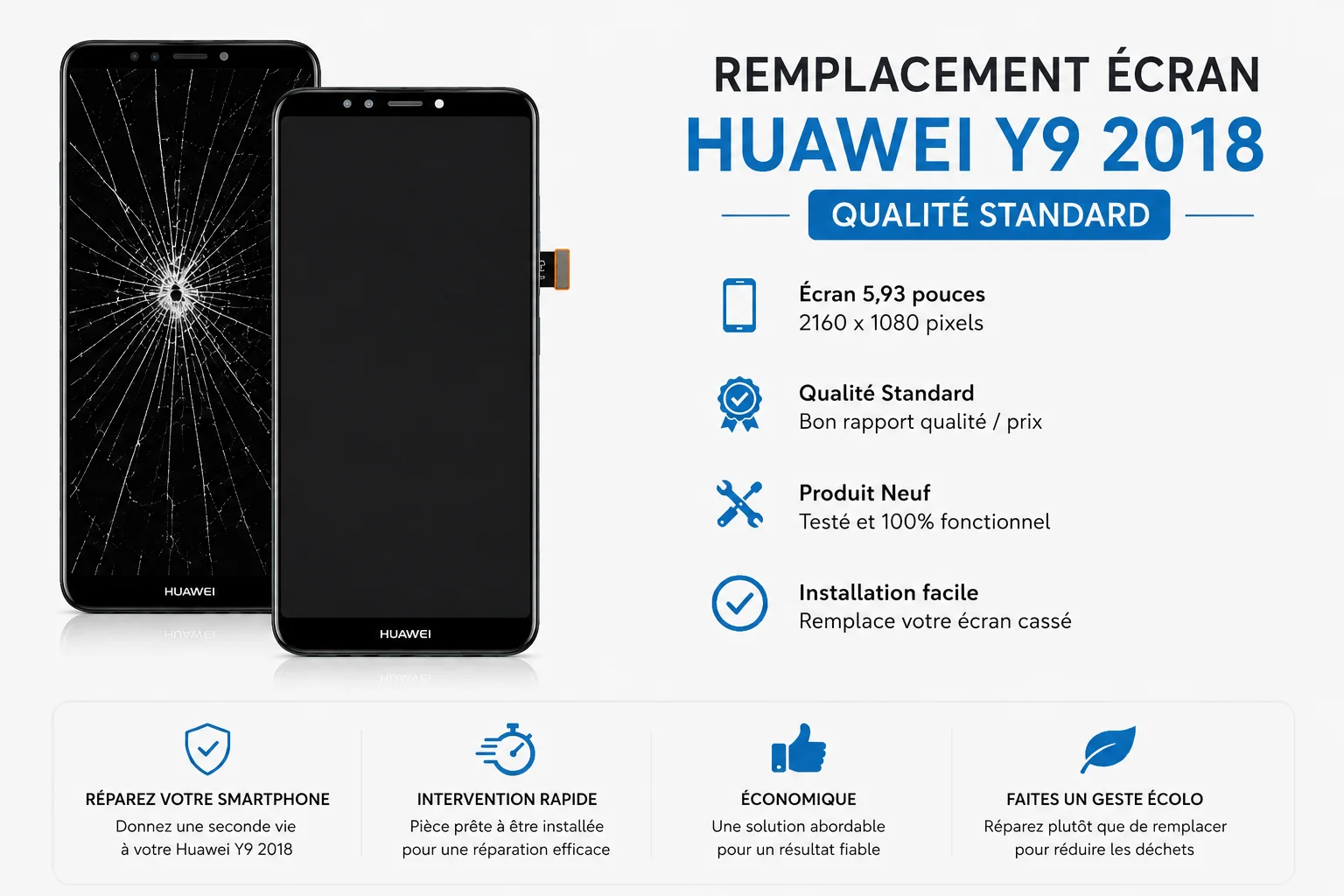 Remplacement Écran Huawei Y9 2018 — Qualité Standard